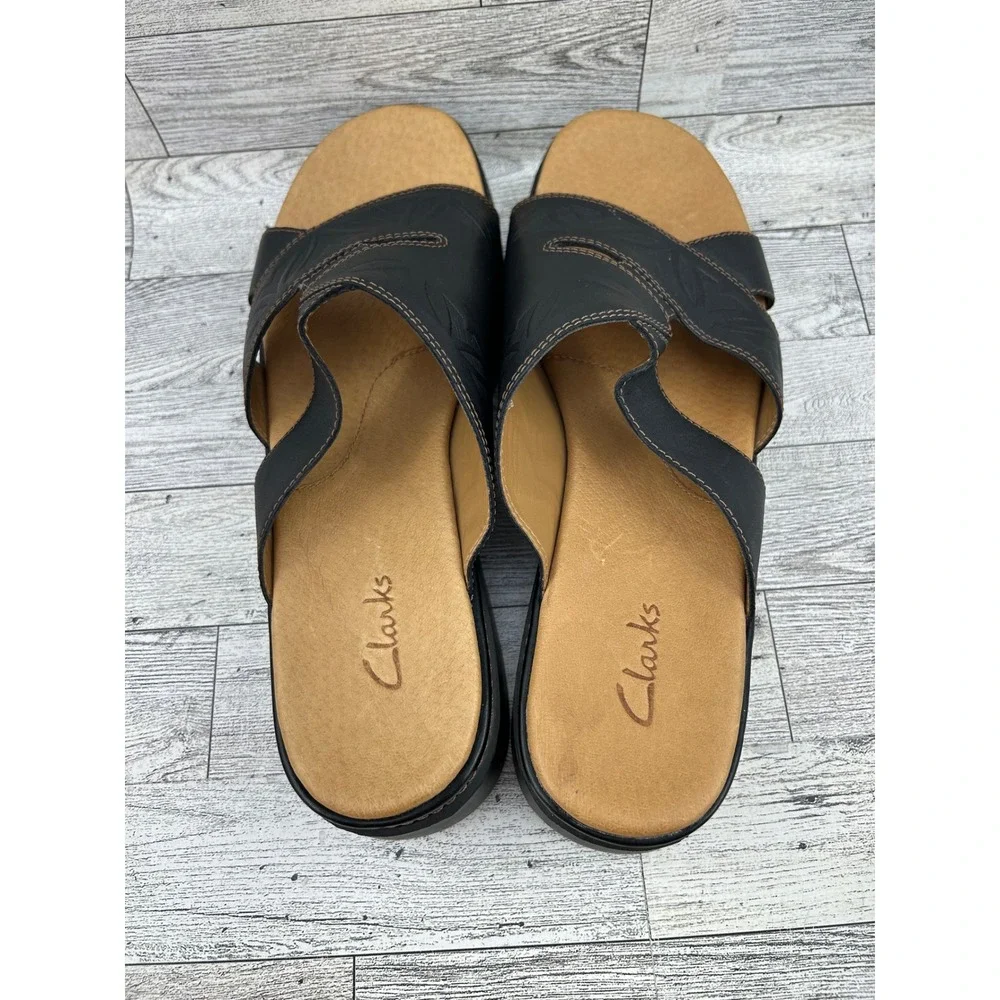 Clarks Black Leather Embossed Floral Wedge‎ Slide Sandals Women 10M